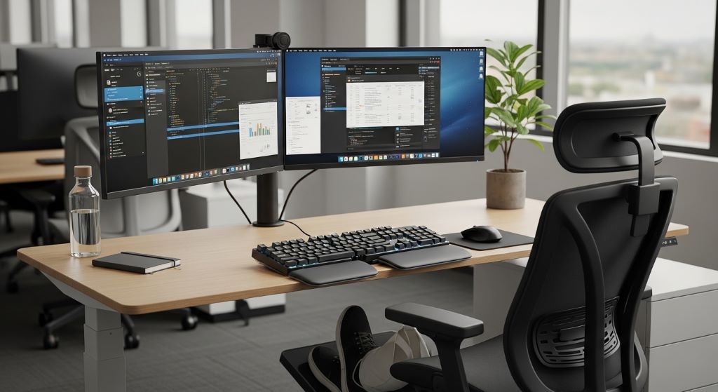 Ergonomic workstation setup showing correct monitor height, keyboard position, and supportive seating