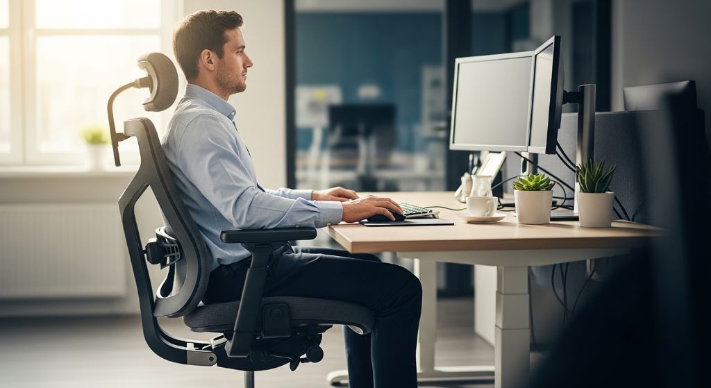Worker sitting in an adjustable ergonomic office chair with proper lumbar support at a clean desk