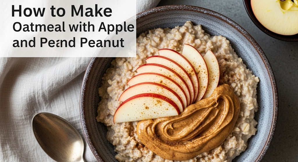 Bowl of oatmeal with fresh apples and peanut butter healthy breakfast