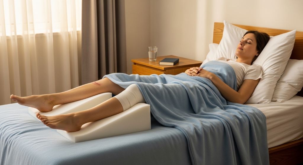 A person resting on a bed with both legs elevated on a white foam wedge pillow after knee surgery, promoting swelling reduction and comfort
