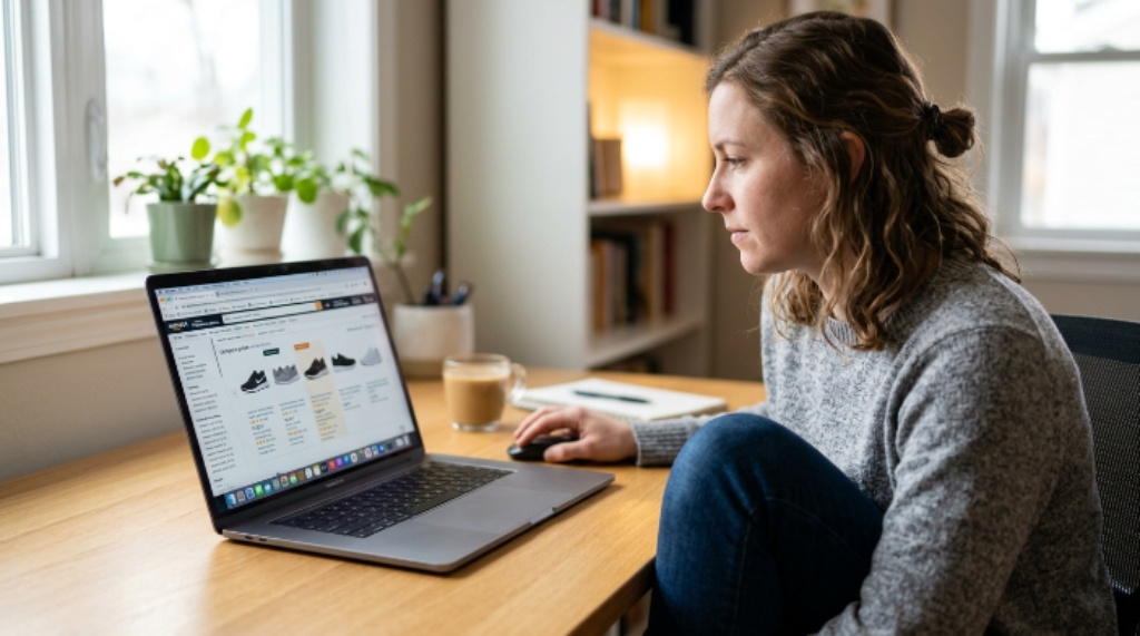 Woman browsing women's athletic shoes on a laptop while comparing prices online
